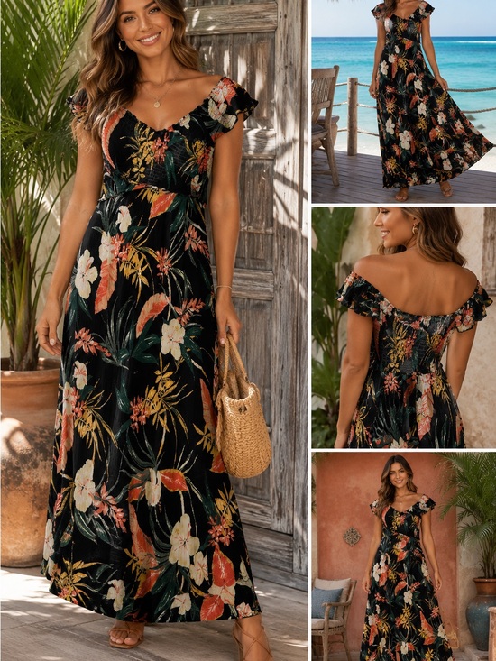 Patrons of Peace Dresses & Skirts - Maxi dress - Patrons of Peace Black Tropical Floral Off-Shoulder Size Large